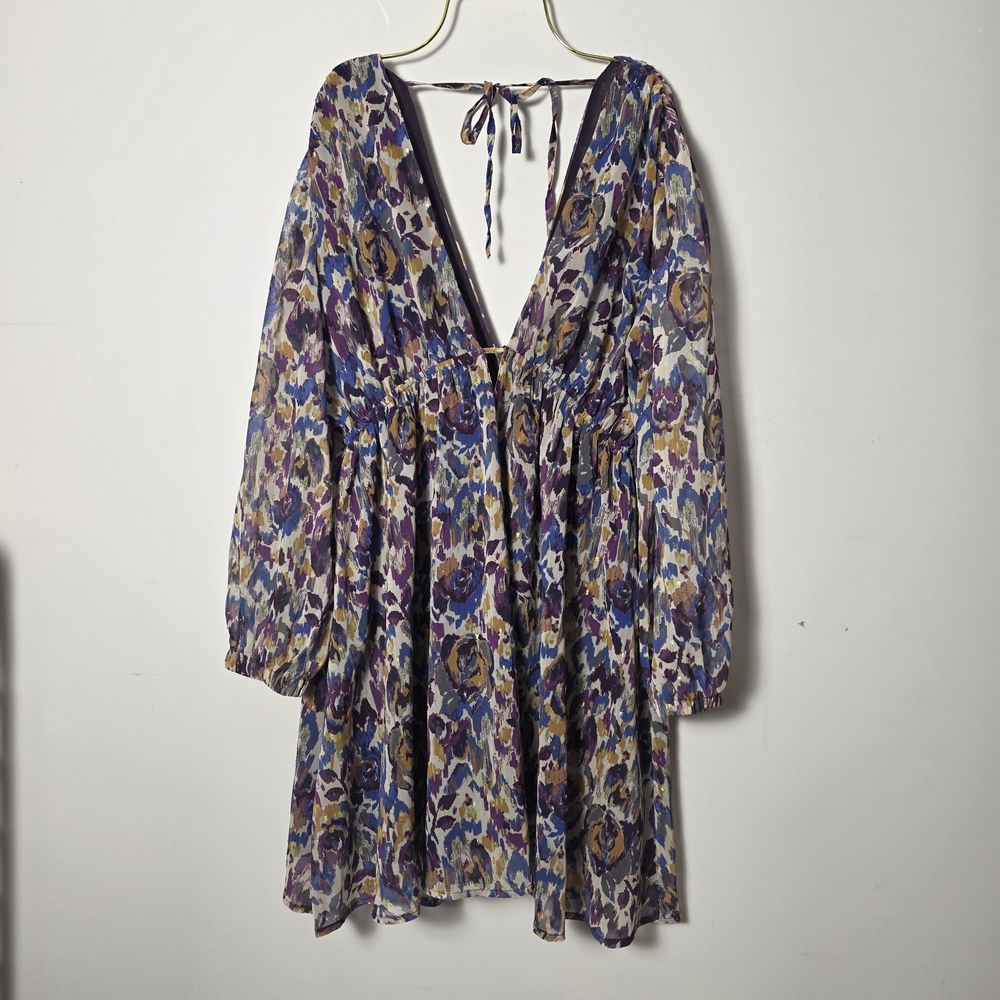 Meet Me In Santorini Boho Floral Babydoll Dress Medium Purple Blue Gold Flowy